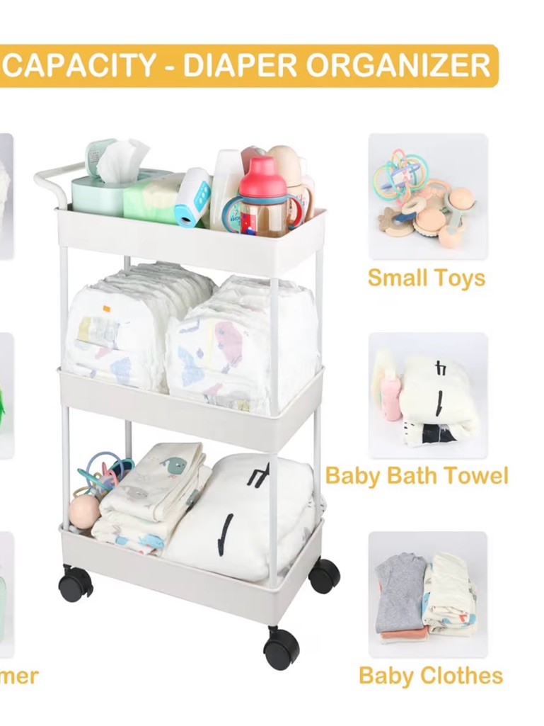 3-Tier White Diaper Organizer Cart